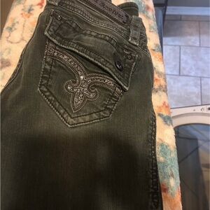 Rock Revival Olive Green Skinny Jeans with Embellished Pockets